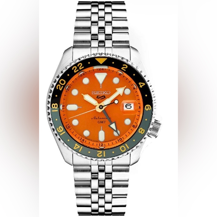 Seiko Orange Dial Gmt Watch With TwoTone Bezel With Orange Dial Mens Watch